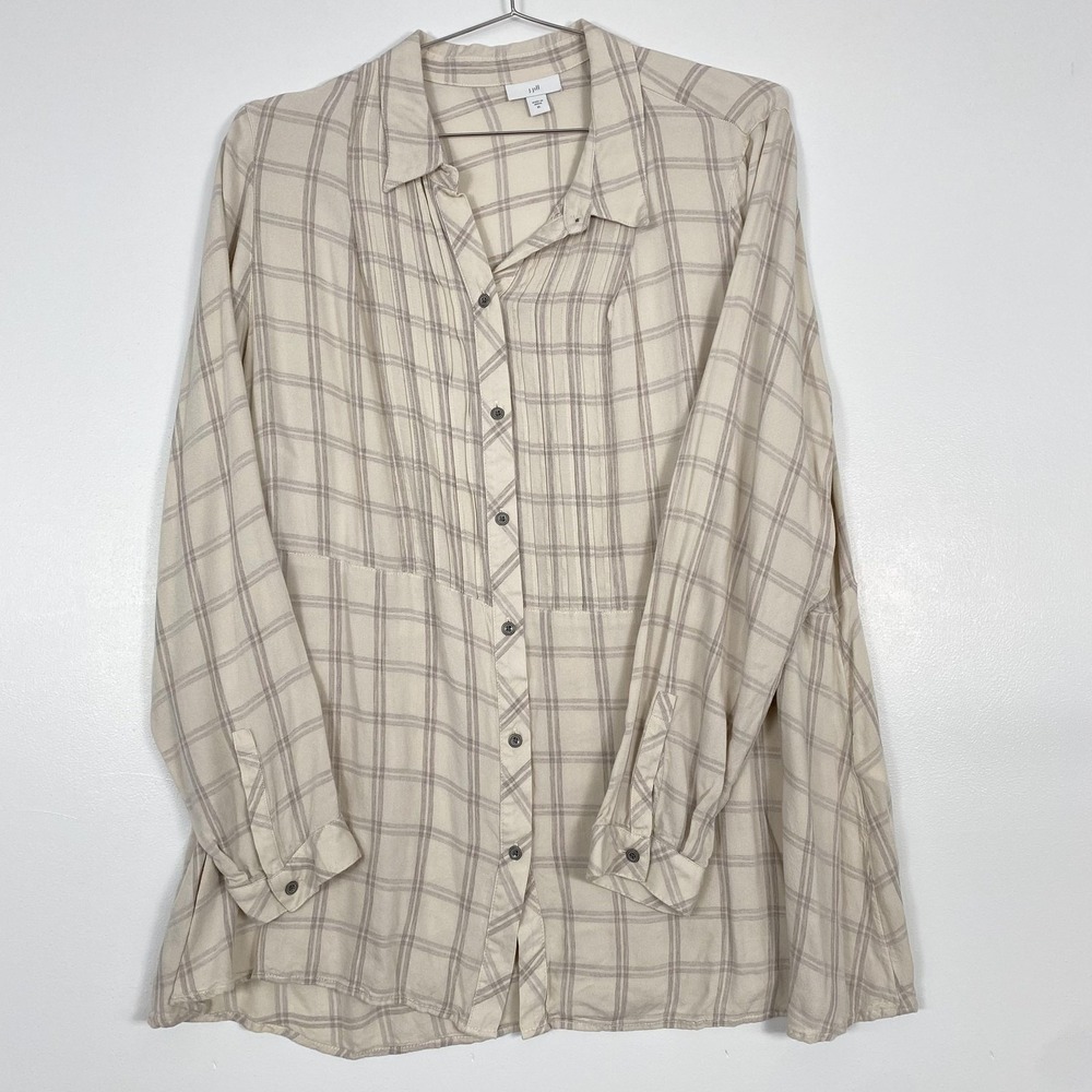 J Jill Shirt Womens XL Beige Plaid Button Front Long Sleeve Tunic Top Rayon